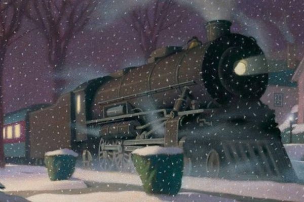 The Polar Express Train sits in the snow